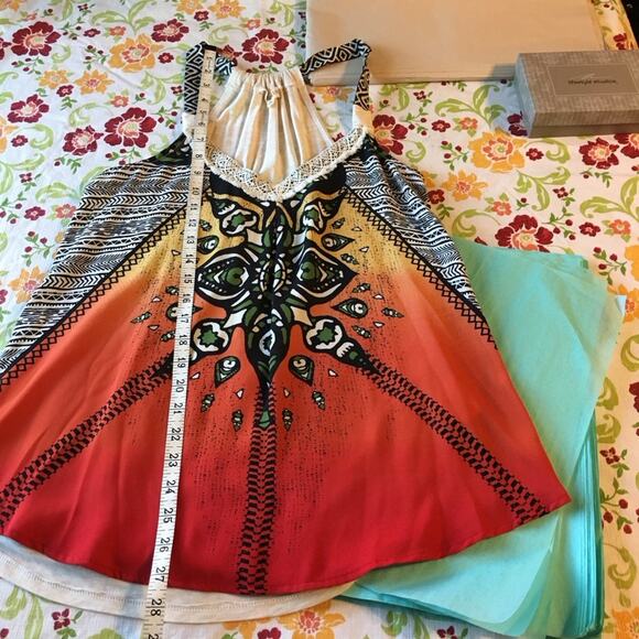 Rewind Tribal Print Macrame Tank Top Orange Ombre Black Tribal Design V Neck - Picture 10 of 16